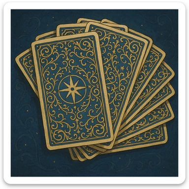 tarot card deck with ornate, intricate backs, gold and deep blue color palette, cards fanned out, mystical and elegant sticker