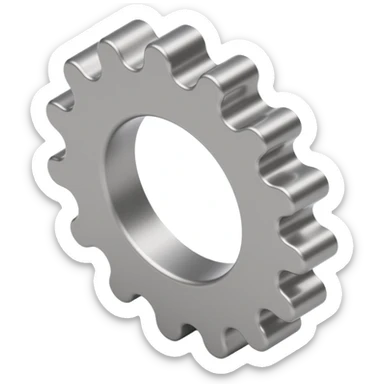 metallic 3D-looking gear icon with reflections and depth in skeuomorphism style sticker