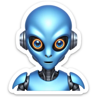 robotic alien character, metal body parts, glowing eyes, futuristic alien design, sci-fi vibe, 3D cartoon, mobile game icon style, clean background, no text, no watermark
 sticker