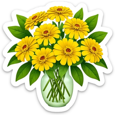 big bouquet Yellow Zinnia, luxuriant, stem, leaf sticker