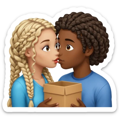 darkskin girl with box braids kissing light skin boy with curly hair sticker