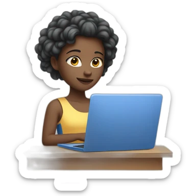 Girl with white skin in blue clothes behind laptop  sticker