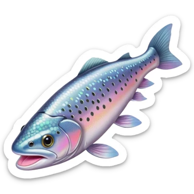 whole trout raw with long slender body, silver-gray skin with dark speckles, iridescent scales, soft pink belly, fins intact, clear eyes, mouth slightly open, no plate or extras, soft lighting, subtle shadows, emoji scale sticker