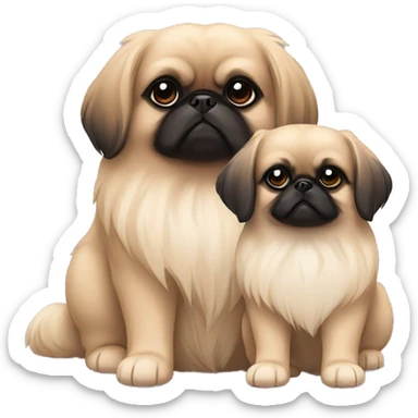 Two beige dogs Pekingese, mother and her puppy. Puppy is with black face  sticker