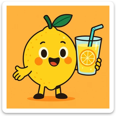 a cute lemon character holding a glass of lemonade, cheerful and bright, adorable and friendly sticker