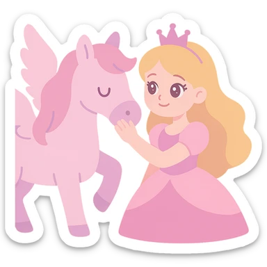 Barbie flying horse princess, Barbie princess stroking flying horse, warm scene, pink and purple tones, dreamy fairy tale style sticker