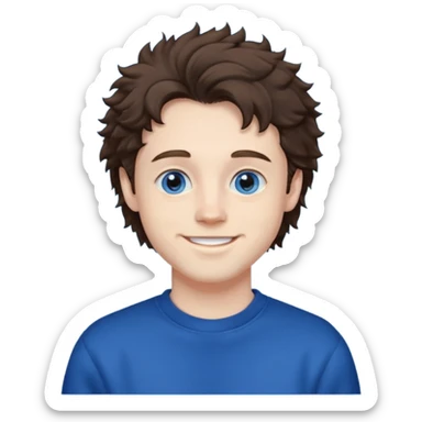 male , blue eyes , pale skin , brunette fluffy hair , dark blue sweatshirt sticker