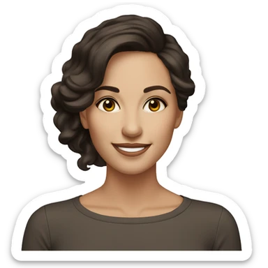 Smiling woman in her 30's, elegant style, shoulder length dark brown hair, hazel eyes, fair skin tone sticker