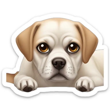 White puggle with brown ears laying on bed sticker
