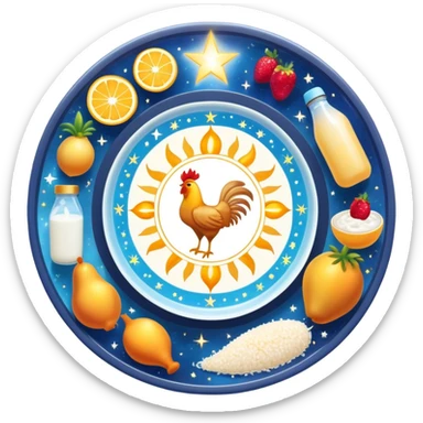 Magical daily fitness nutrition schedule with ethereal water bottle, celestial sun, enchanted chicken and rice plate, mystical gym equipment, glowing yogurt, sparkling fruits, and dreamy sleep symbol, all arranged in a cosmic circle with starry aura sticker