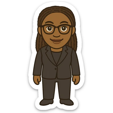 Add a business suit to Kemi Badenoch, full body, standing, in a cartoon style with transparent background. sticker