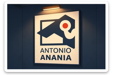 su questo stile fai un manga/webtoon a colori in cui mostri quella parete dietro dello studio con il suo logo e la scritta "ANTONIO ANANIA" SOTTO IL LOGO, LUCE CHE ILLUMINA IL LOGO sticker