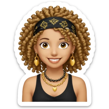 Baddie girl with black  tank top curly hairss and bandana and jwellery sticker