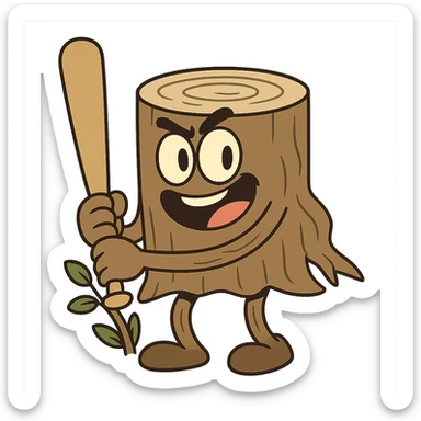 fun and lively tree stump with arms and legs holding a baseball bat sticker