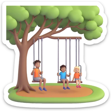 A person pushing a swing with a child sitting on it, outdoors, under a tree, in daylight. The swing is moving back and forth. Focus on the motion of swinging and the person gently pushing it sticker
