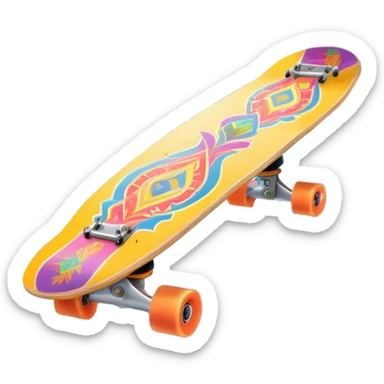 An icon featuring a colorful skateboard resting on a smooth pavement. The background shows a sunny park with trees, a clear sky, and a lively atmosphere. The skateboard's deck is decorated with vibrant designs, emphasizing its dynamic style. Transparent background  sticker