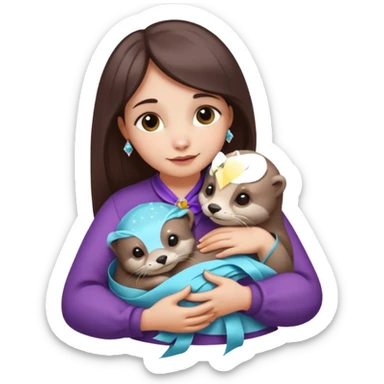 woman hugging baby otters with ribbons and crystals sticker
