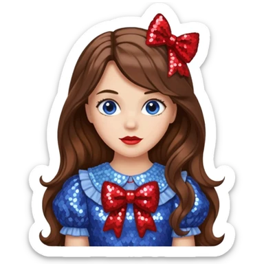 Dorothy Gale from the Wizard of Oz with long brown hair, periwinkle sequin outfit, red sequin bow sticker