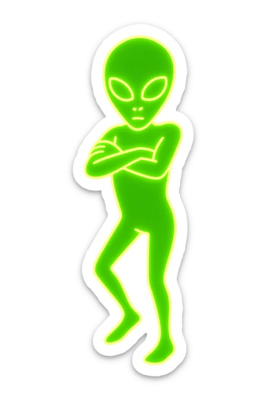 Edit the alien dancing neon green image to have crossed arms and a slightly changed pose for animation frame 4. Keep it almost identical to the reference with a transparent background. sticker