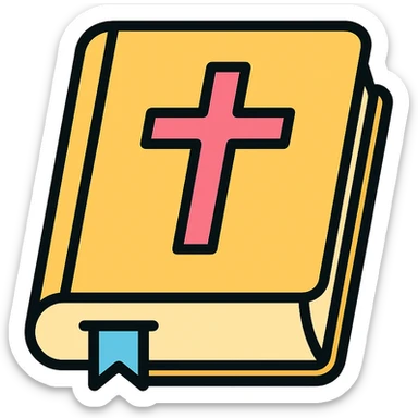 closed Bible with a pink cross on the cover, color outline icon style, viewed from a slight angle sticker
