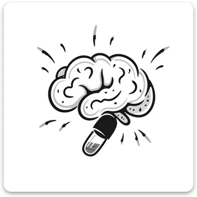 A magical amber capsule floating in front of a brain with fog lifting, showing electrical connections brightening one by one, creating clarity and focus. The brain becomes sharper and more defined. sticker