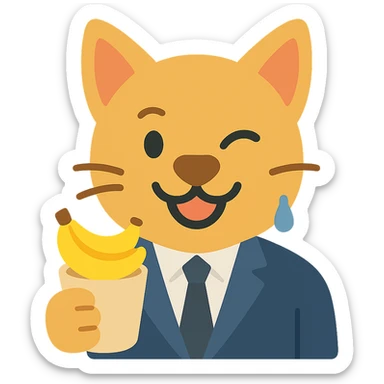 cat with a dog nose, wearing a suit, earring, holding a cup of bananas, playful expression sticker