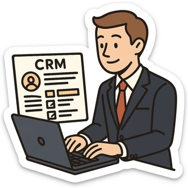 flat toon style business professional with brown hair, typing on laptop with CRM interface visible sticker