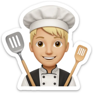 Chef smiling with spatula and spiked blonde hair and crazy eyes at the back door sticker