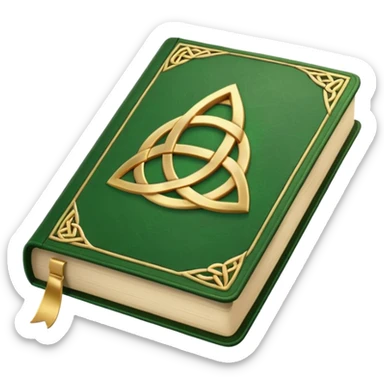 a green closed book with a golden triquetra sticker