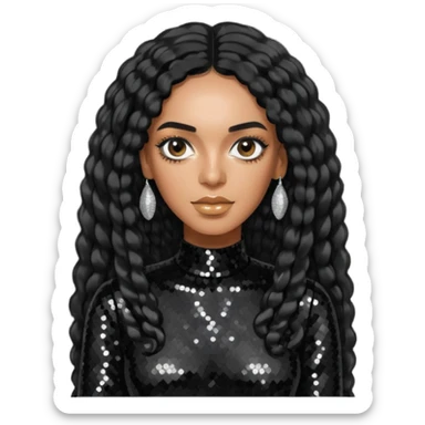 Solange with long black hair, black sequin outfit sticker