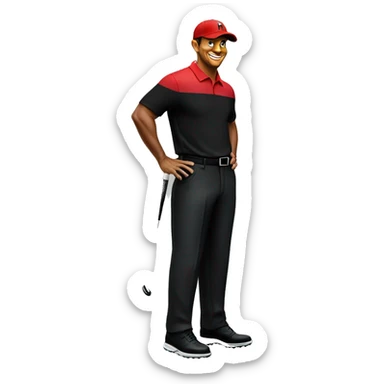 Tiger Woods, wearing a red shirt, black hat, black pants while putting  sticker