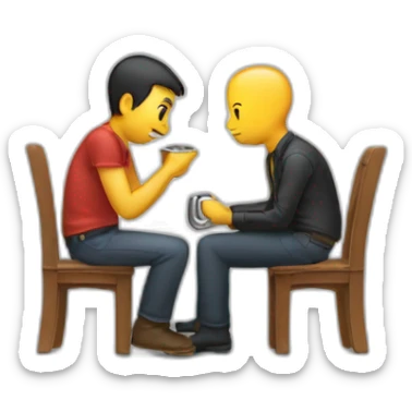 one person sitting sniffs another person's belt buckle sticker