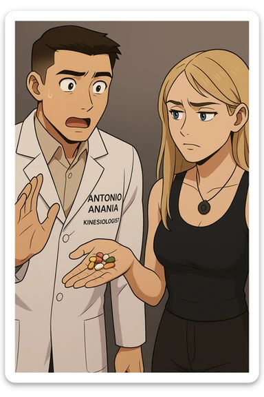 fai un webtoon/manga a colori con questo kinesiologo in camice bianco (fagli la scritta "ANTONIO ANANIA" SUL CAMICE) CHE PARLA CON QUESTA RAGAZZA CON GLI OCCHI AZZURRI. LA RAGAZZA HA UN PUGNO DI INTEGRATORI IN MANO (TANTE PILLOLE DIVERSE) E LE GUARDA DUBBIOSA. IL KINESIOLOGO CON IL CAMICE BIANCO LE DOMANDA UNA COSA SCIOCCATO. NON FARE I FUMETTI, FAI SOLO LORO COME SE DIALOGASSERO sticker