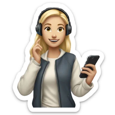 blonde female student standing by a locker wearing wireless headphones, winter coat, taking a selfie with cell phone sticker