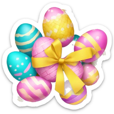 yellow basket with pink ribbon with Easter eggs on the grass sticker