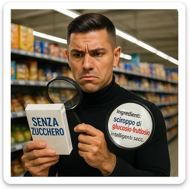 Supermarket, man like the reference, holding 'SENZA ZUCCHERO' product, ingredient list shows 'sciroppo di glucosio-fruttosio' in bold red, confused, floating magnifying glass, hyper-realistic, harsh fluorescent light. Variant 8. sticker