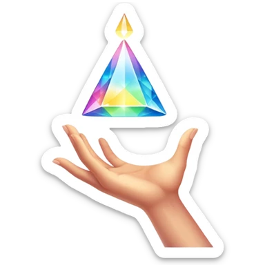 Pov white tone skin hand holding a glowing prism refracting light.  Only the hand should be displayed, nothing else.  sticker