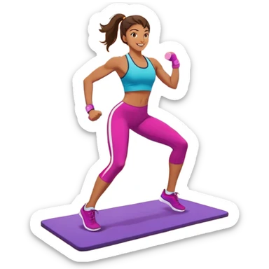 An energetic person performing an aerobics workout in a brightly lit gym, jumping and stretching with enthusiasm. The scene includes vibrant fitness equipment like dumbbells and exercise mats, with a background of cheerful, motivating colors, conveying energy and movement. sticker
