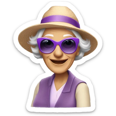 Older lady in a mobility scooter wearing purple sunglasses and a big hat sticker