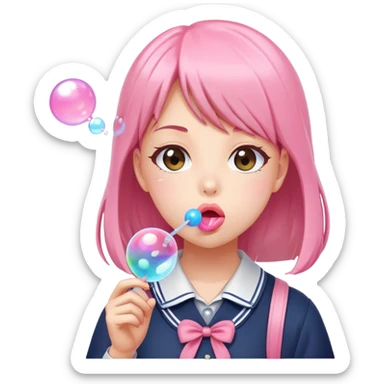 Anime style school girl blowing a big bubble with bubblegum sticker