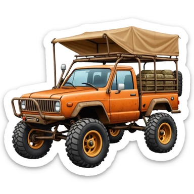 Well-equipped Off road Race truck whose frame and detailed suspension is made of shopping cart material with padded roll cage, roof rack, winch, and antique style handmade bodywork (survivalist style) sticker