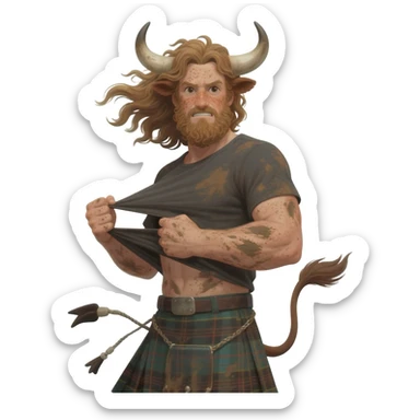 big buff curly hairy man covered in dirt with freckles with messy light brown bangs that covers his face completely with bull horns and bull ears and bull tail dressed in kilt rips his T-shirt apart with wind in his hair sticker