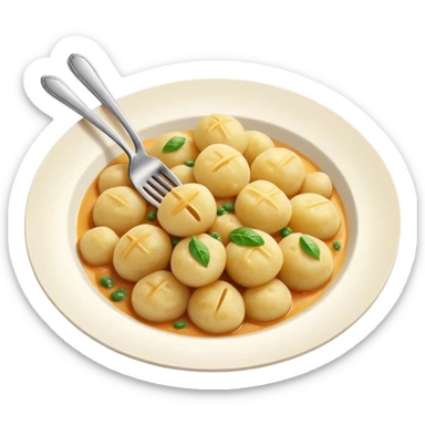 Gnocchi Cinematic Realistic Gnocchi Dish Emoji, depicted as tender potato dumplings garnished with iconic fork marks on top, rendered with soft textures and warm, inviting lighting. sticker