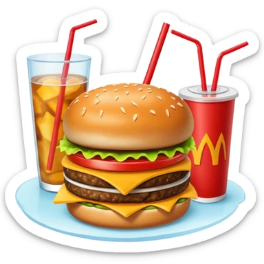 i want a Cheeseburger and Fries with a angle to 15–20° gentle bird’s-eye angle with a cold drink with ice cube with straw with some fries thicker like McDonald's french fries sticker