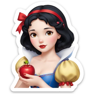 Cinematic Realistic Snow White Portrait, depicted with lifelike skin texture, soft natural lighting, and intricately detailed black hair styled with a red ribbon. Her soft brown eyes radiate innocence and kindness, complemented by a warm, gentle smile. She holds an apple in one hand, her other hand resting against her cheek, embodying her purity and charm. She is dressed in her classic yellow, blue, and red gown, the fabric rich in texture with delicate folds that catch the light beautifully. The portrait features a soft, natural glow with a radiant finish, capturing the essence of timeless beauty in a realistic and painterly style. sticker