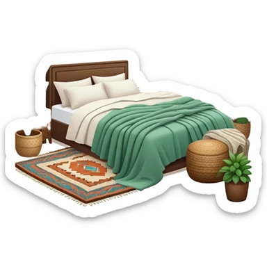 cozy modern boho bedroom with many houseplants, layered rugs, and piles of textured blankets and pillows sticker