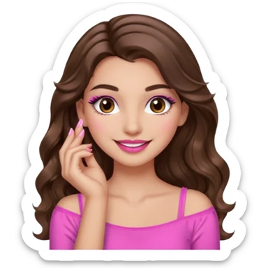 girl with long wavy brown hair, brown eyes, long lashes makeup, sexy pink lips, light to medium complexion, pink sexy top, smiling, hand by the cheek sticker