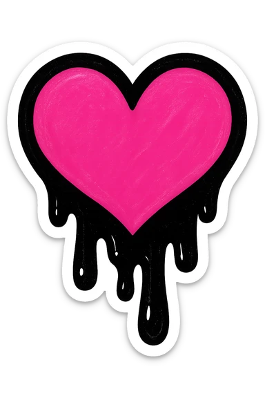gothic heart with dripping black paint, pop colors style, pink and black sticker