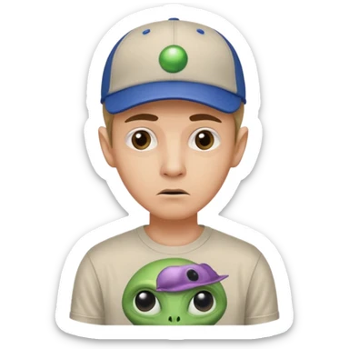 trust no one Mulder from the x-files looking very very worried wearing a t-shirt and a baseball cap with a picture of an alien sticker