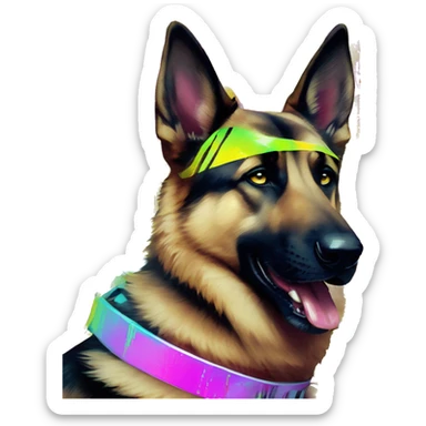 .Zombie_ Vaporwave black holographic oilslick zombie German shepherd dog yellow caution tape graffiti neon yellow stripes sticker